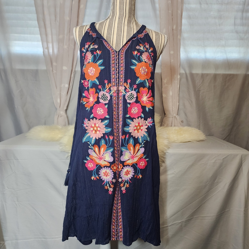 Savanna Jane Navy Dress with Colorful Floral Embroidery